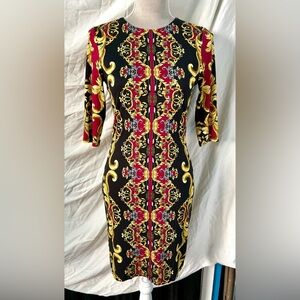 Alice + Olivia Black, Red Delora Crew Neck Regal Romance Print Dress, Size 6